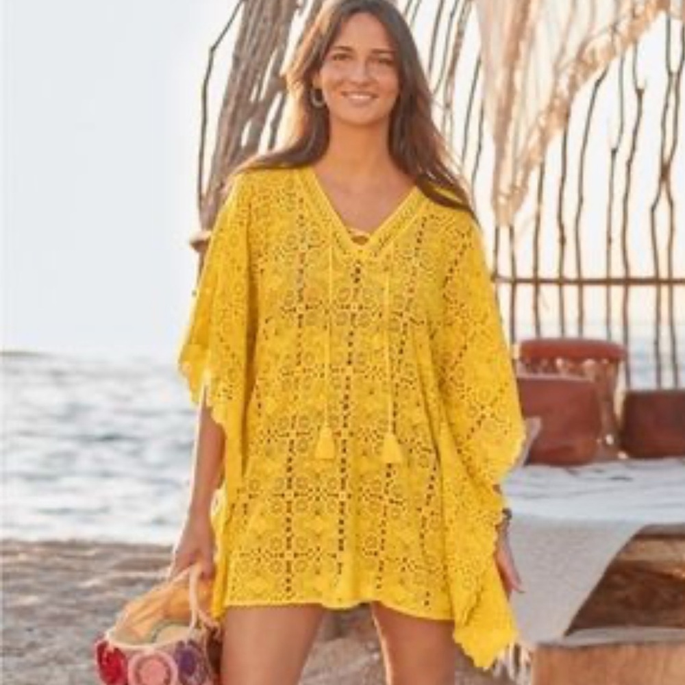 Sundance Graycelyn Swim Cover Up Women’s L Yellow Crochet Boho Hippie Blouse